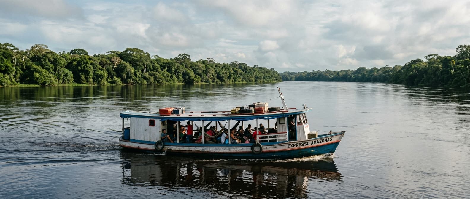 Embarcação de passageiros navegando em um rio amazônico